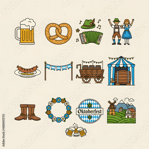 A collection of colorful Oktoberfest and German cultural icons including beer, pretzels, traditional clothing, and festival elements.
