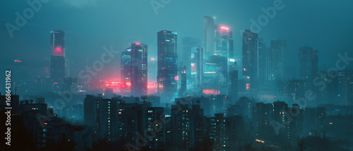 Cyberpunk futuristic city skyline in rain with neon lights