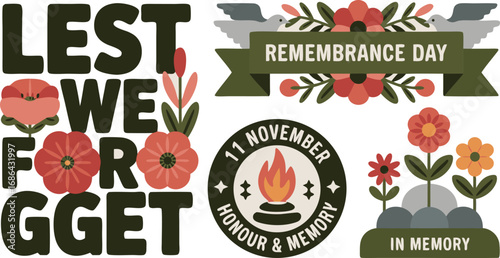 Remembrance Day Featuring Poppies, Flame, Doves, and Lest We Forget Text
