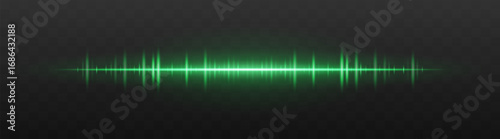 Audio bar. Glowing frequency wave with high intensity peaks and reflection. Suited for UI, music interface, sound visualization, digital signal.
