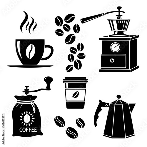 Black and white vector illustration of coffee elements including a cup beans grinder bag takeaway cup and moka pot on a white background