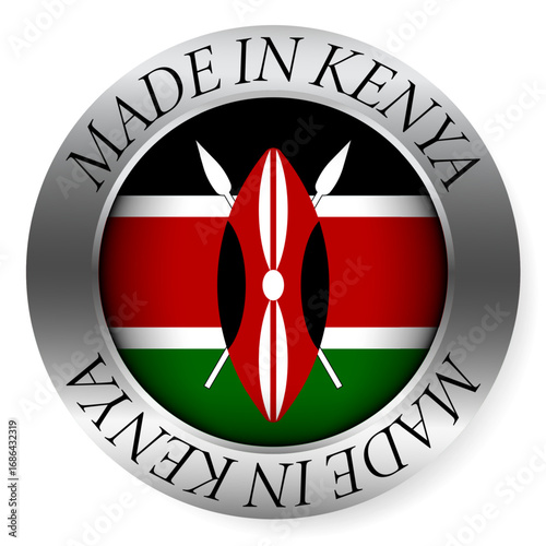 Made in Kenya button icon. Circular emblem with metallic border, glossy central flag, and bilingual label indicating product origin and international manufacturing identity.