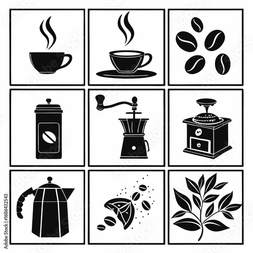 Black and white coffee themed icons arranged in a ninepanel grid showcasing beans cups grinders and a moka pot for a cafe or restaurant design