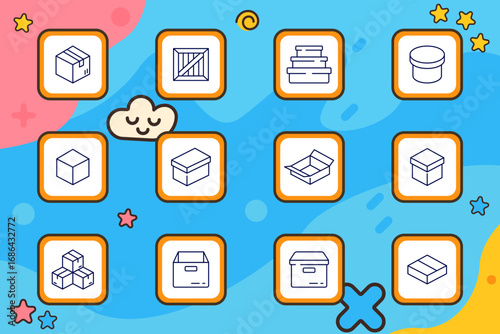 Package set icon. Cardboard, crate, stacked boxes, cylindrical container, cube, shoebox, open, square lid, grouped boxes, tray, flat