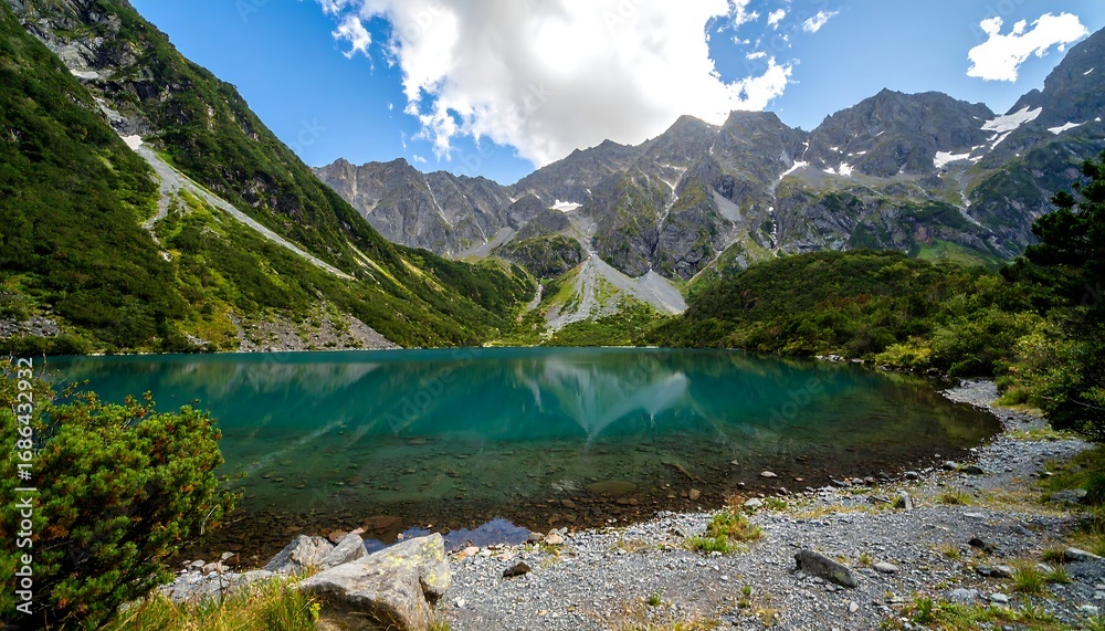 Naklejka premium Alpine lake reflecting mountains