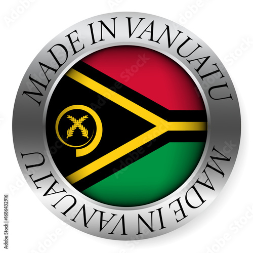 Made in Vanuatu button icon. Circular emblem with metallic border, glossy central flag, and bilingual label indicating product origin and international manufacturing identity.