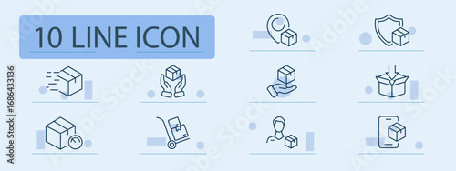 Delivery and shipping set icon. Package in motion, location pin, trolley, customer, box with shield, arrow insert, clock, hand, protection, screen shown