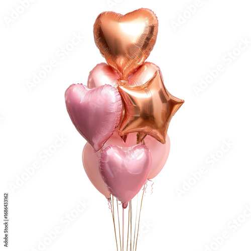 Festive bouquet of metallic heart and star balloons in rose gold and pink