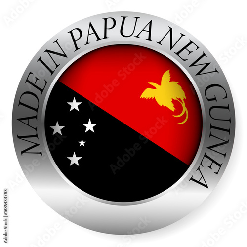 Made in Papua New Guinea button icon. Circular emblem with metallic border, glossy central flag, and bilingual label indicating product origin and international manufacturing identity.