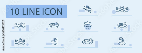 Car accident and damage set icon. Collisions, sensors, shield, water crash, repairs, and alerts outlined for automotive safety, insurance, and emergency response illustrations