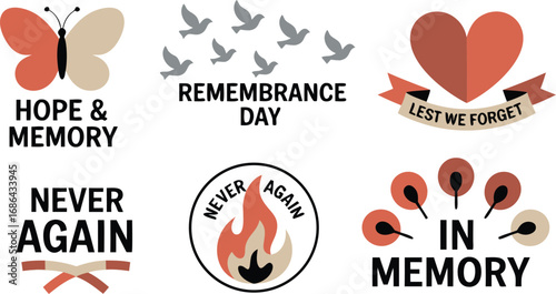 Remembrance Day Graphics Featuring Butterfly, Doves, Heart, Flame, and Poppy Symbols Hope, Memory, and Never Again