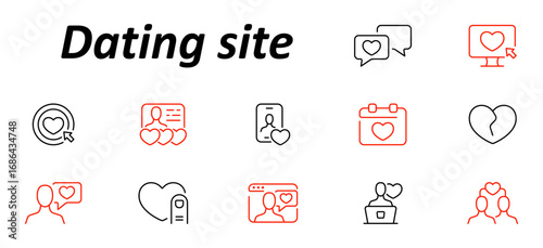 Dating site set icon. User profiles, chat messages, calendars, heart icons, touchscreens, and laptops shown in red and black outline style for matchmaking and relationship themes