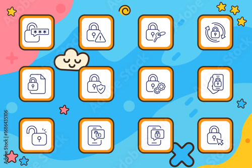 Security set icon. Lock icons with passwords, settings, warning signs, files, mobile devices, and access states outlined in squares on a blue backdrop