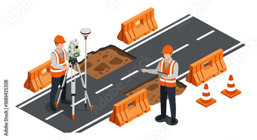 Construction Crew Conducting Roadwork Repairs with Safety Measures and Equipment in Progress