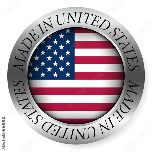 Made in United States button icon. Circular emblem with metallic border, glossy central flag, and bilingual label indicating product origin and international manufacturing identity.