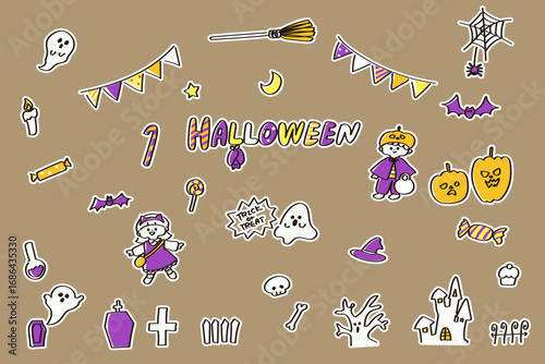 ハロウィンのゆるかわいいイラストセット　ステッカー風