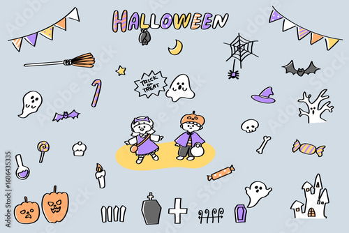 ハロウィンのゆるかわいいイラストセット　手書きのイラスト