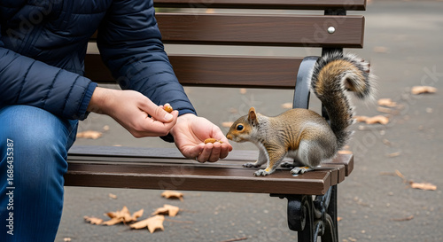 Photograph man feeding squirrel nuts from his hands on a park bench