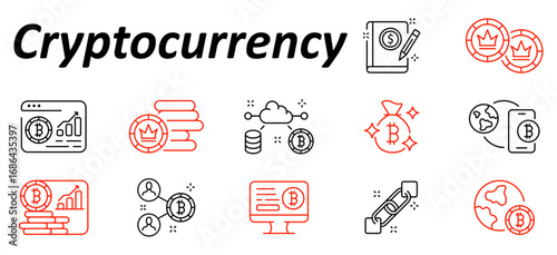 Cryptocurrency set icon. Stackable coins, financial graphs, digital wallets, cloud data, transfer arrows, mobile exchange, blockchain links, connected users, and money bags shown.