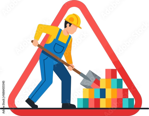 Construction Worker Shoveling Colorful Bricks and Blocks Near a Warning Sign on a Construction Site