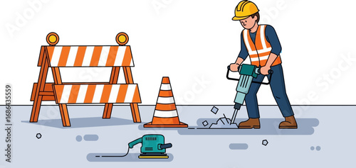 Construction Worker Using Power Tools for Road Repair with Traffic Safety Barriers and Cones