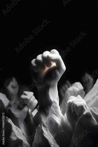 A striking marble fist emerges powerfully, symbolizing resilience and hope in a darkened space.