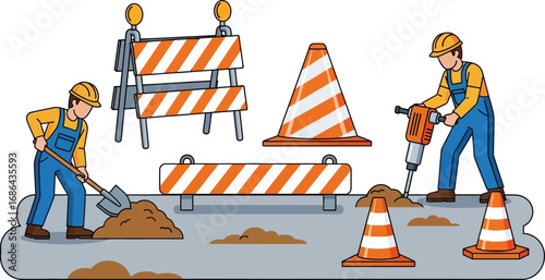 Construction Workers Engaged in Road Maintenance Installing Safety Barriers and Traffic Cones
