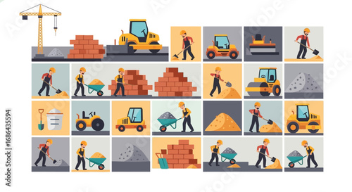 Construction Workers Engaged in Roadwork and Material Handling with Heavy Machinery and Piles of