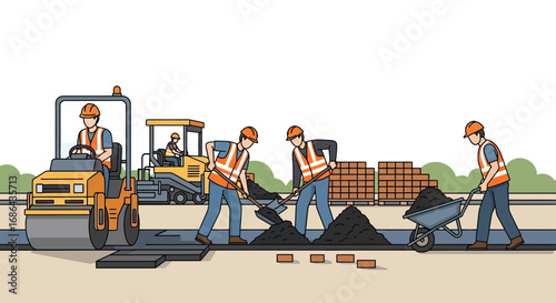 Construction workers paving a road with heavy machinery and manual labor depicting infrastructure