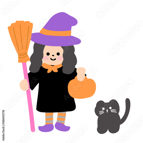 魔女の仮装をした女の子と黒猫のかわいいハロウィンアイコン