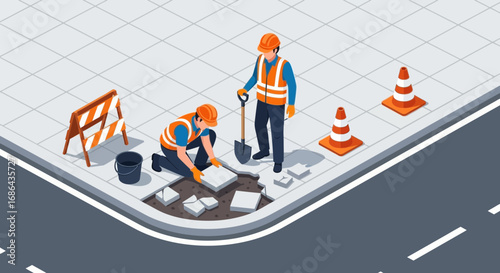 Construction Workers Repair Sidewalk Infrastructure on Urban Street with Safety Cones and Barricades