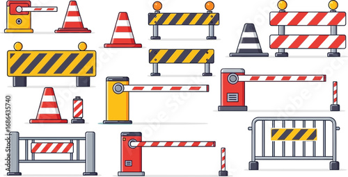 Diverse Roadwork Barriers and Safety Cones for Construction and Traffic Management