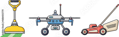 Futuristic drone and robotic lawn mower for innovative outdoor maintenance solutions