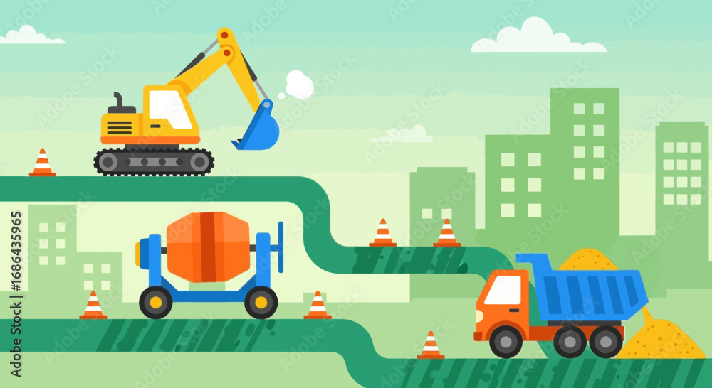 Naklejka premium urban road construction scene with heavy machinery and cityscape background