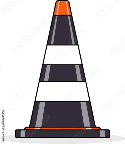 Modern traffic cone with reflective bands and orange top on dark background for road safety signage