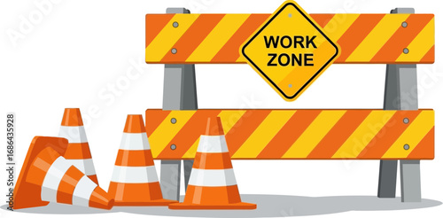 Roadwork Safety Signage and Traffic Cones Indicating Construction Zone