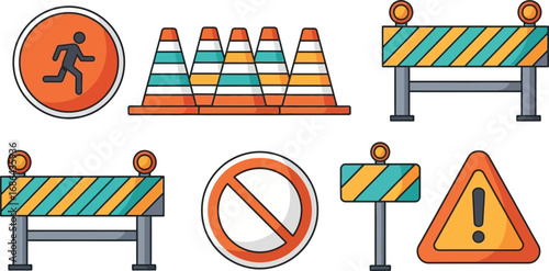 Set of construction and roadwork warning signs with barriers and safety alerts illustrating road