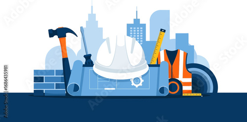 Urban Roadwork Construction Scene Featuring Building Tools and Safety Gear