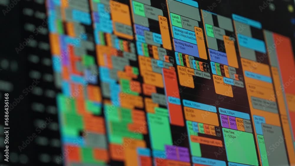 Close-up of a laptop screen showing a packed online calendar filled with appointments and meetings. Perfect for concepts of productivity, busy schedules, time management, or business life.