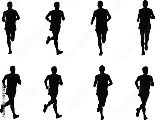Running silhouette sequence, athletic motion illustration, human stride breakdown, dynamic runner pose, sports biomechanics vector, fitness training concept, movement cycle design