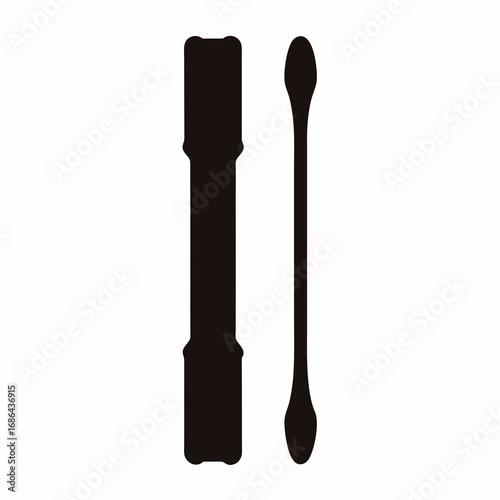 Simple black silhouette showing a cotton swab and a lipstick tube on white