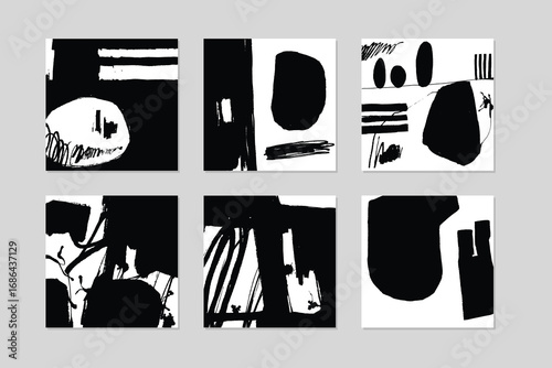 Abstract Black and White Artwork Set, Expressionist Design Collection