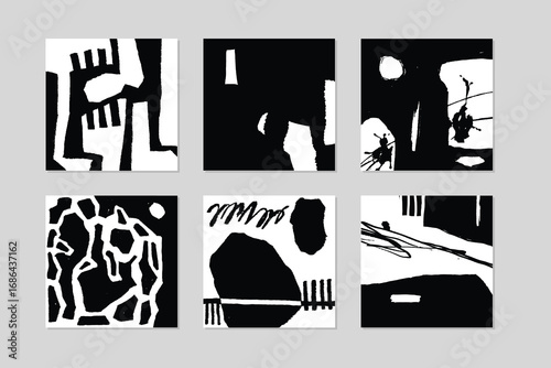 Abstract Black and White Artwork Set, Expressionist Design Collection