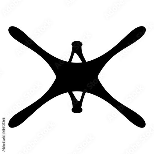 Stylized geometric black figure on white, resembles butterfly, abstract art
