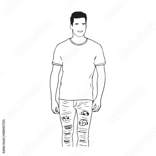 Handsome Man Black and White Illustration Vector Image Male Portrait Fashion Sketch Line Art Design