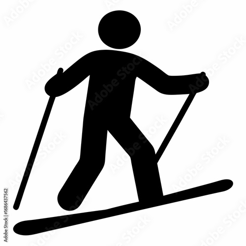 A minimalistic black skiing icon representing winter sports and recreational activities