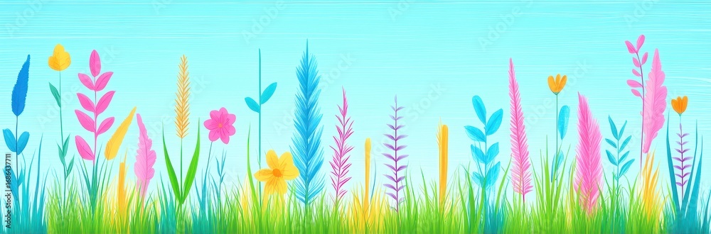 Obraz premium Colorful floral meadow abstract illustration art. Vibrant flowers fill the grass, petals and leaves in nature. Spring landscape with botanical pattern, cheerful design, creative background,