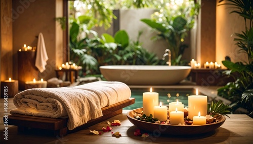 Tranquil spa interior with candles and a view