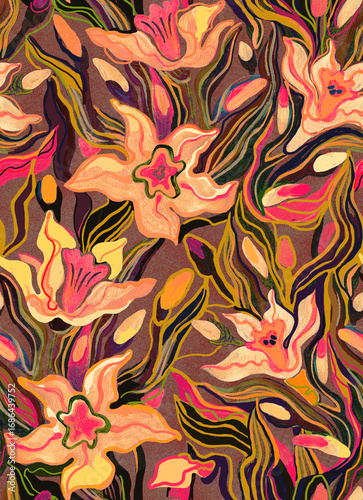 Wavy hand drawn daffodils flowers abstract seamless pattern.