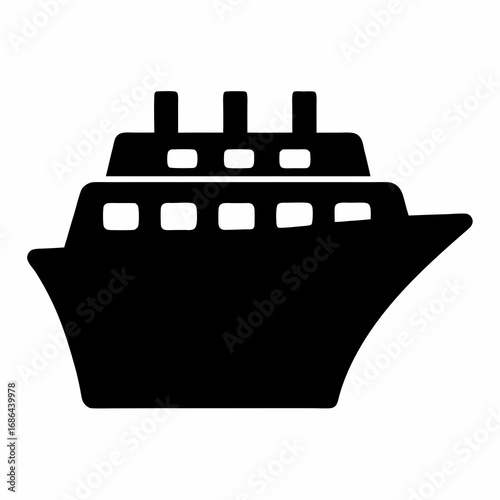 Silhouette illustration depicting a passenger cruise ship at sea on white background